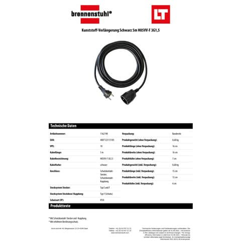 Verlängerungskabel 5m schwarz BRENNENSTUHL 1162190