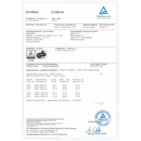 Papierkorb 15L m.Löschk. schwarz DURABLE 3305 01