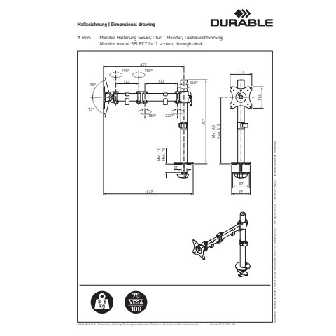 Bildschirmträger SELECT 1 Monitor 27 Zol DURABLE 5094 23 Tischklemme Stahl