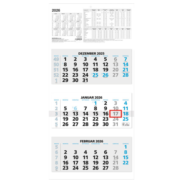 3-Monats-Wandkalender 2026, 33,5 x 74 cm, 3M/1S, schwarz/blau ZETTLER 660161