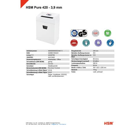Aktenvernichter Pure 420 weiß HSM 2340111 Streif.3,9