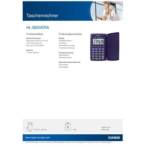 Taschenrechner 8-stellig CASIO HL-820VERA