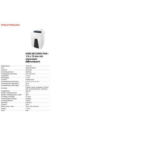 Aktenvernichter Securio P44i weiß HSM 1872121C 1,9x15mm