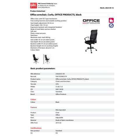 Drehstuhl Korfu mit AL schwarz OFFICE PRODUCTS 23023331-05 Typ TILT