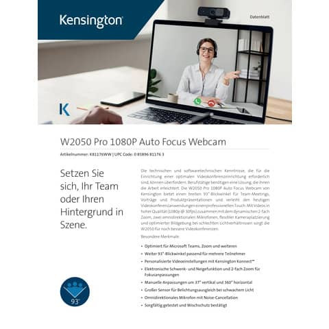 Webcamera W2050 1080P Retail schwarz KENSINGTON K81176WW