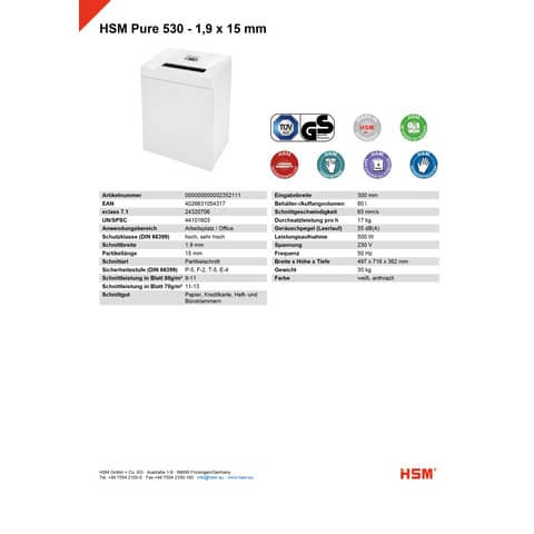 Aktenvernichter Pure 530 weiß HSM 2352111 Part. 1,9x15mm