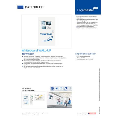 Whiteboardtafel WALL-UP 200×119,5cm LEGAMASTER 7-106121