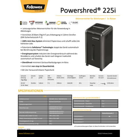 Aktenvernichter 225i anthrazi FELLOWES 4623001 Streifen