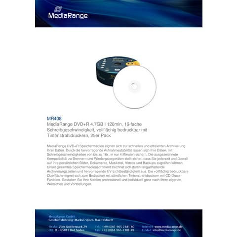 DVD+R 25er Spindel print. MEDIARANGE MR408 4,7Gb120mi