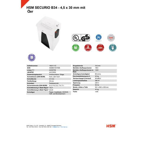 Aktenvernichter Partikel +Öler HSM 1843111O B34 4,5x30
