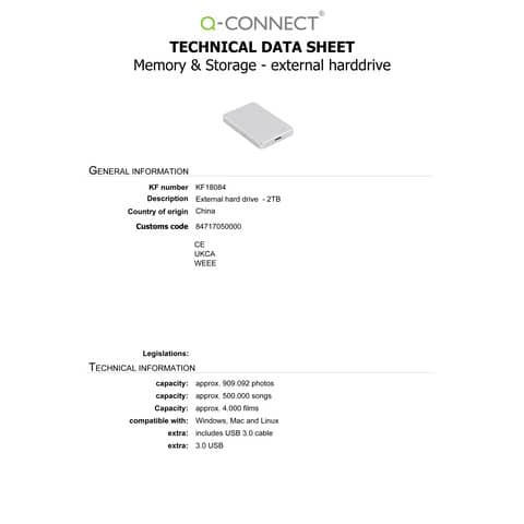 Festplatte extern USB 3.0 2TB silber Q-CONNECT KF18084 inkl. URA