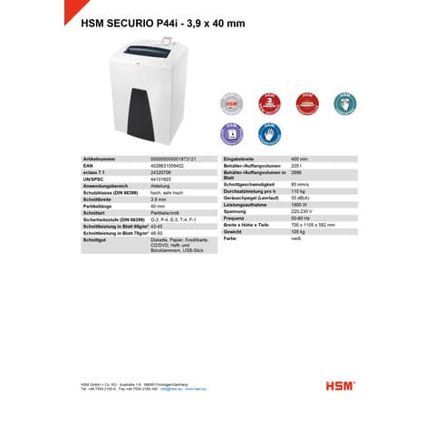 Aktenvernichter Securio P44i weiß HSM 1873121 3,9x40mm