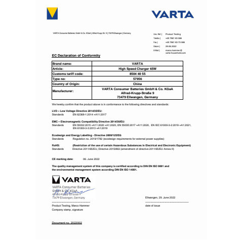 Ladegerät Steckdose USB-A/2x USB-C 65W VARTA 57956 101 401 Speed Charger