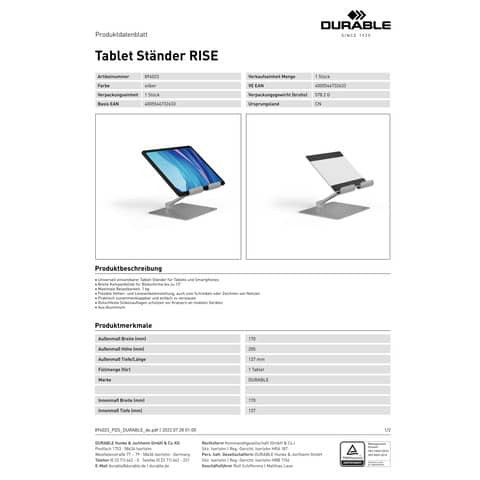 Tablethalter Alu bis 13Zoll metallic-sil DURABLE 8940 23 RISE