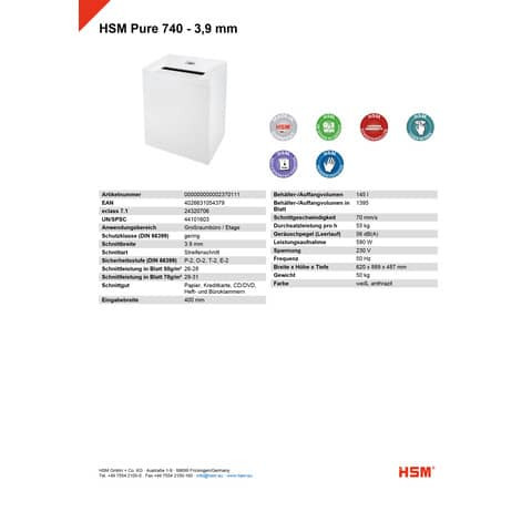 Aktenvernichter Pure 740 weiß HSM 2370111 Streif. 3,9mm