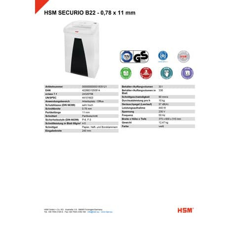 Aktenvernichter Securio B22 weiß HSM 1835121 0,78x11mm