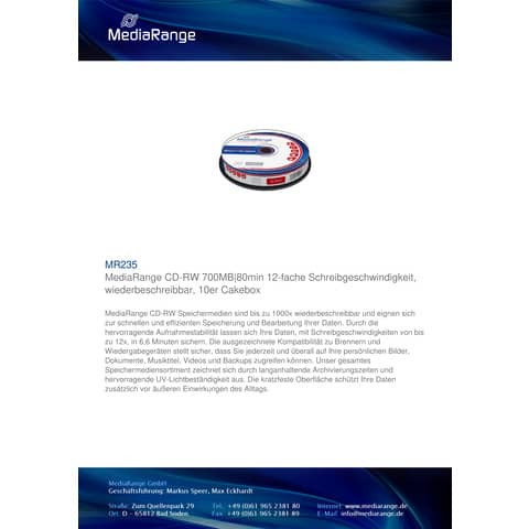 CD-RW 10erSpinde MEDIARANGE MR235 700Mb80min