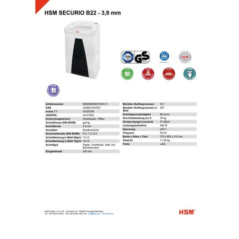 Aktenvernichter Securio B22 HSM 1830121 3,9mm EMCS