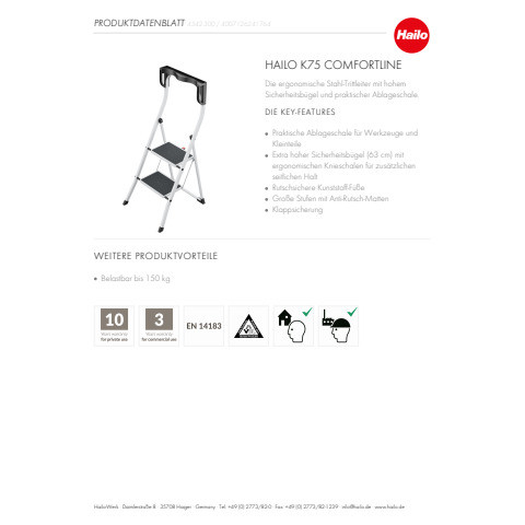 Trittleiter Stahl K75 ComfortLine weiß HAILO 4342-300 2 Stufen
