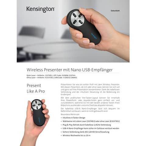 Presenter Kabellos schwarz KENSINGTON K33373EU 20m