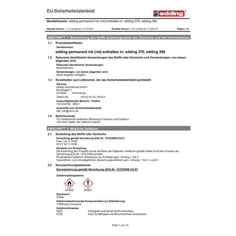 Permanentmarker 390 4-12mm rot EDDING 390-002 Keilspitze nachfüllbar