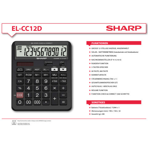 Tischrechner 12-stellig schwarz SHARP SH-ELCC12D