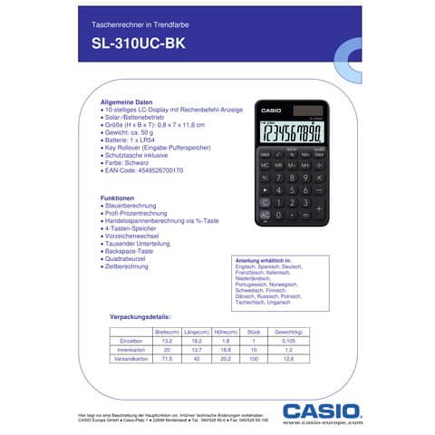 Taschenrechner 10-stellig schwarz CASIO SL-310UC-BK