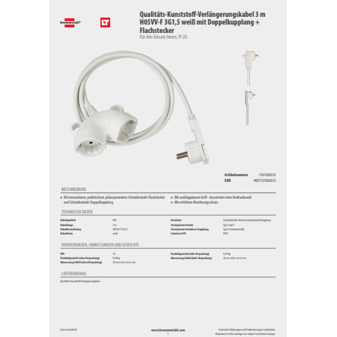 Verlängerungskabel PVC 3m 2er-Kupplung BRENNENSTUHL 1161820223 Flachstecker