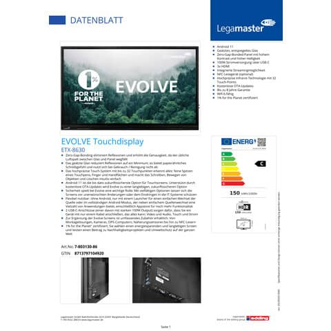Display Touch Evolve 86Zoll schwarz LEGAMASTER 803130-86EU