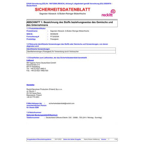 Allzweckreiniger 1,5 L Bodenrein SAGROTAN 3130424