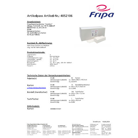 Falthandtuch 2-lag 2250ST hochweiß FRIPA 4052106 V-Falz