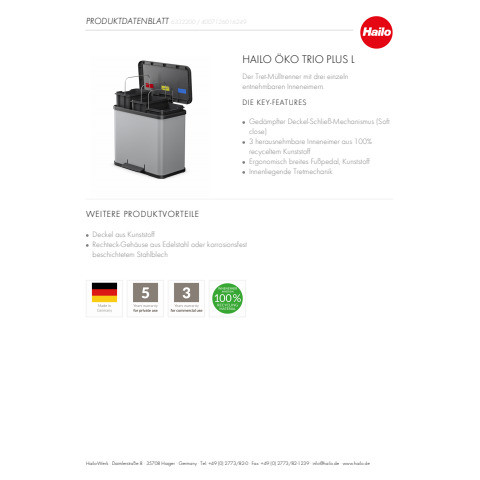Abfalltrenner Öko trio plus L 27l HAILO 6332200