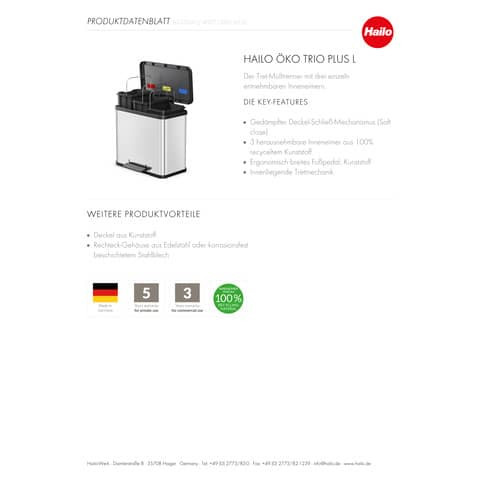 Abfalltrenner Solid Öko Trio L edelstahl HAILO 6332000 3 x 9 Liter