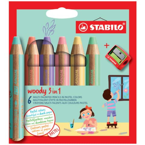 Farbstifte Woody 6ST Pastell STABILO 8806-3 + Spitzer