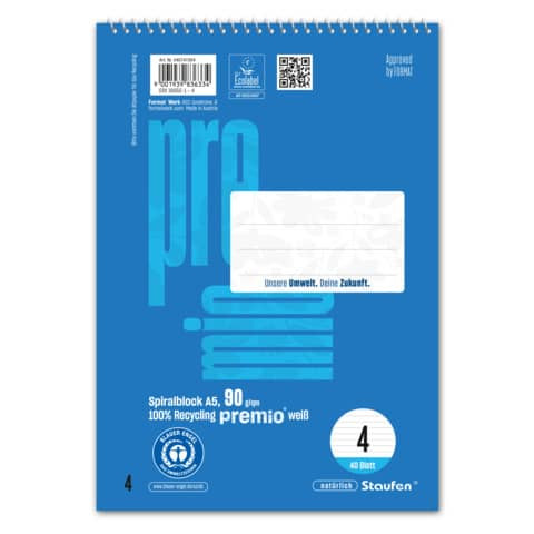 Spiralblock A5 40BL 9mm lin. blau STAUFEN PREMIO 040741004 LIN4