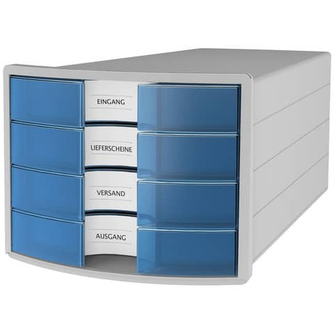 Schubladenbox IMPULS - A4/C4, 4 geschlossene Schubladen, lichtgrau/transluzent-blau