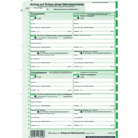 Mahnbescheid A4 2Seit. 10ST RNK 705L/10 SD f.Laserdruck.