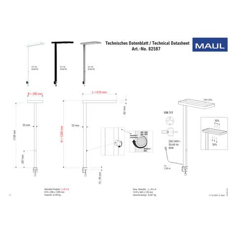 Tischleuchte Juvis LED Klemmfuß weiß MAUL 82587 02 LED dimmbar