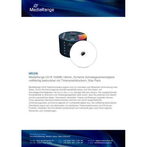 CD-R 50erSpindel bedruckbar inkl. URA MEDIARANGE MR208 700MB 80Min