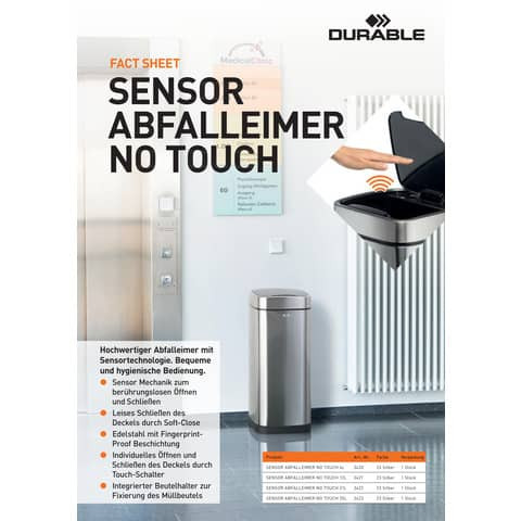 Papierkorb NO TOUCH 12l edelstahl DURABLE 342123