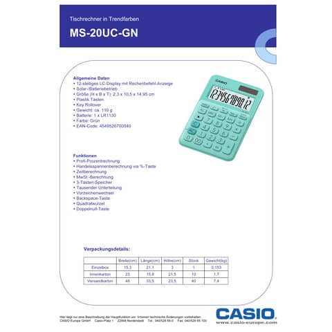 Tischrechner 12-stellig grün CASIO MS-20UC-GN