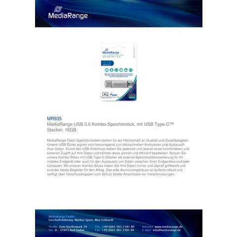 USB Stick 3.1 + TypeC 2in1 MEDIARANGE MR935 16GB Kombo