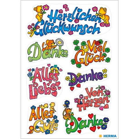 Schmucketikett Glückwünsche 16 Stück HERMA 3813 m. Glimmer