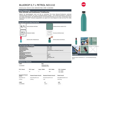 Trinkflasche 0,7l petrol EMSA N3111000 Bludrop