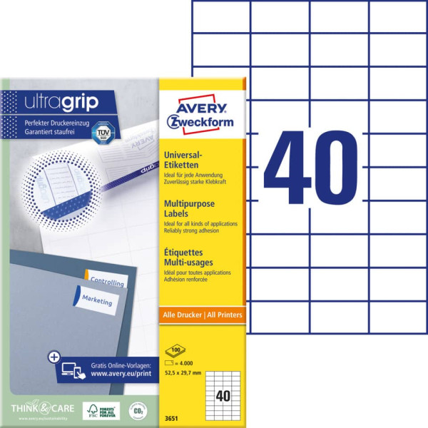 3651 Universal-Etiketten ultragrip - 52,5 x 29,7 mm, weiß, 4.000 Etiketten, permanent