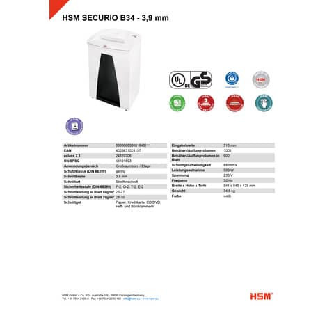 Aktenvernichter Streifen B34 weiß HSM 1840111 B34 3,9mm