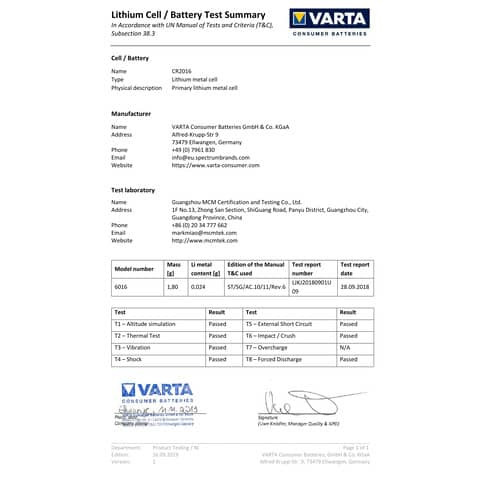 Batterie Knopf Lithium 3V Elec VARTA 06016101401 CR2016 1St