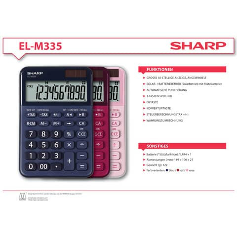 Tischrechner 10-stellig rot SHARP SH-ELM335BRD Solar/Batterie