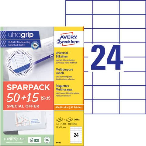 Universaletiketten 70x37 weiß AVERY ZWECKFORM 6605 A4 mit ultragrip