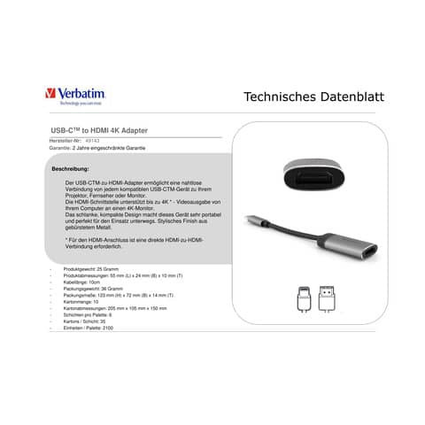 Adapter USB-C HDMI 4K schwarz/grau VERBATIM 49143